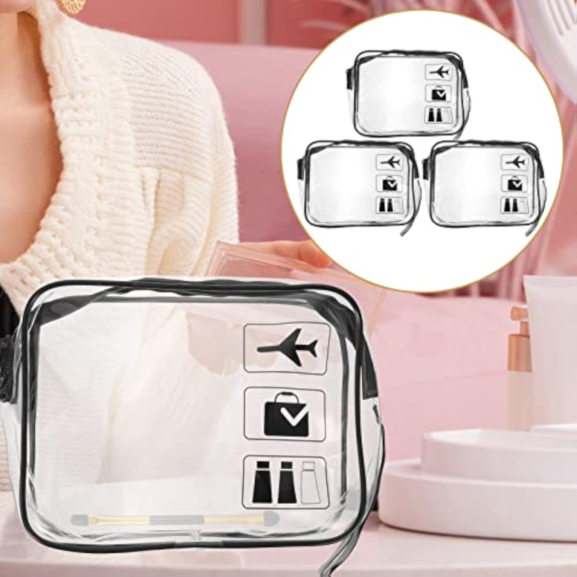 3pcs Clear Makeup Bags Airport Security Liquids Bags